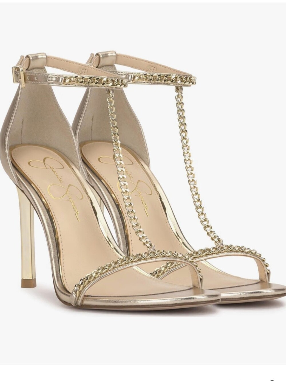 Jessica Simpson Heeled Sandals 8.5 Gold Vegan Leather Qiven Dainty Chain New $90